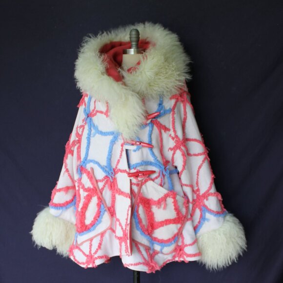 Artisan Vintage Chanille blanket jacket mongolia lamb cloak poncho toggle coat - Picture 7 of 12